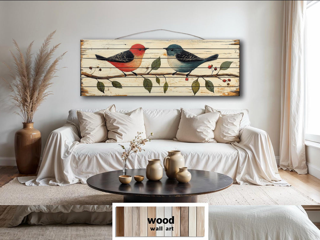 Red and Blue Birds on Branch Long Horizontal Distressed Wood Wall Art