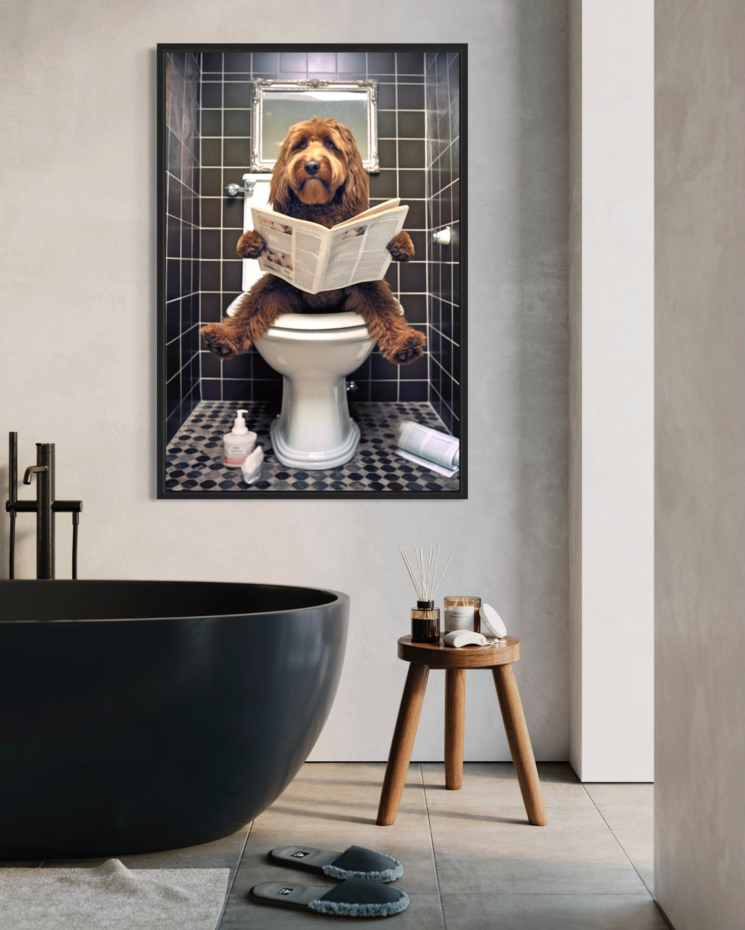 Red/Brown Goldendoodle Dog On The Toilet Reading Newspaper Picture