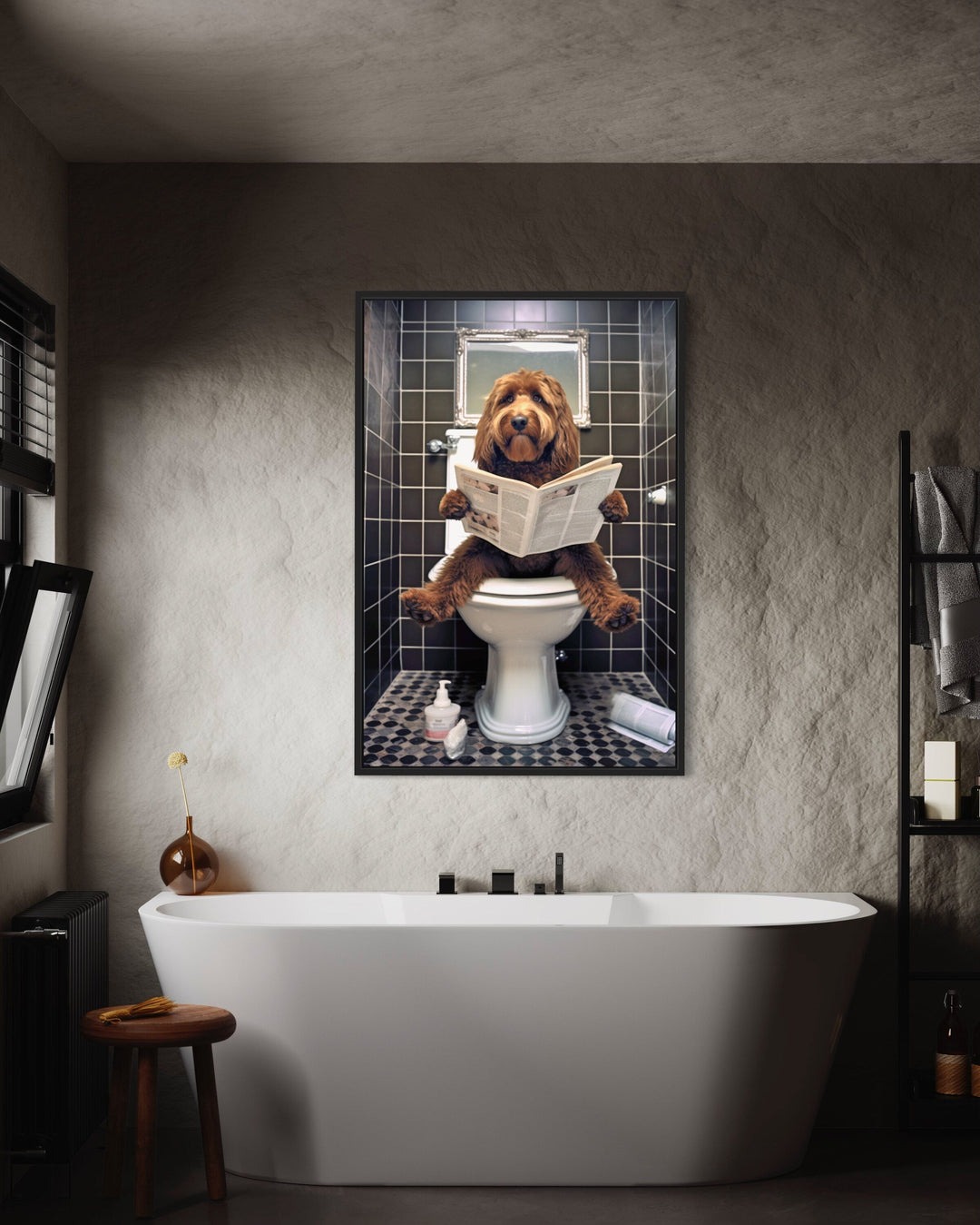 Red/Brown Goldendoodle Dog On The Toilet Reading Newspaper Picture