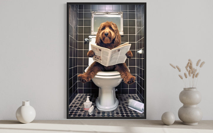 Red/Brown Goldendoodle Dog On The Toilet Reading Newspaper Picture