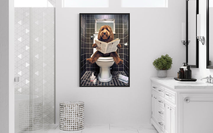 Red/Brown Goldendoodle Dog On The Toilet Reading Newspaper Picture