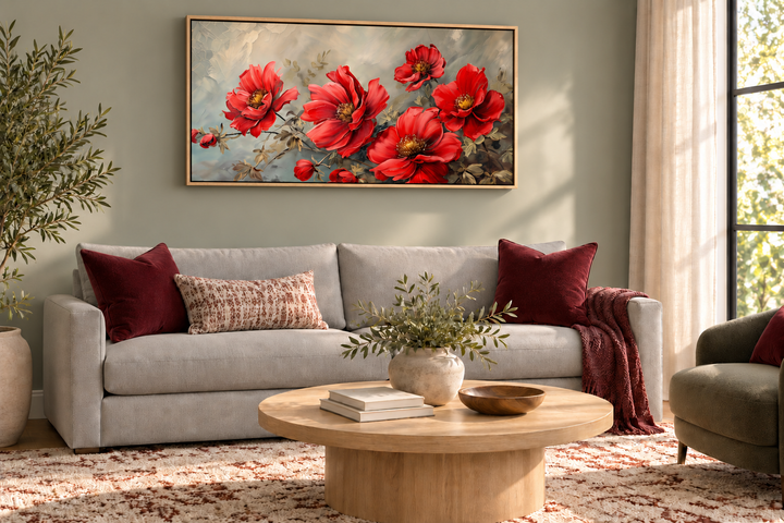 Red abstract flowers framed canvas wall art hanging above a sofa in a modern living room.