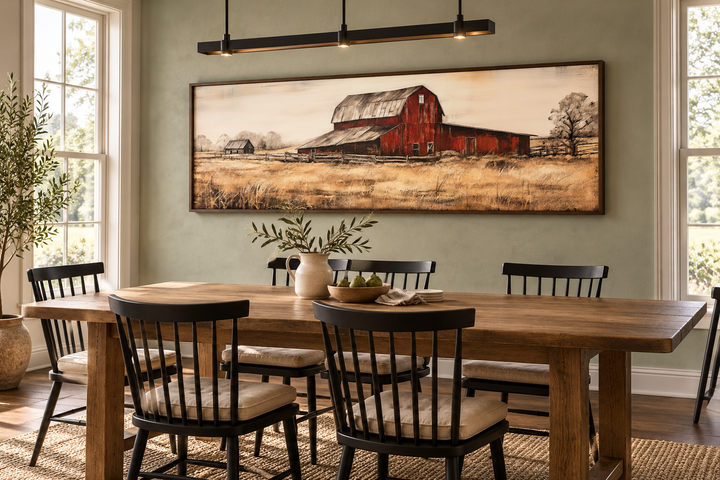 Old Red Barn Rustic Painting on Wood horizontal framed canvas wall art in a dining room.