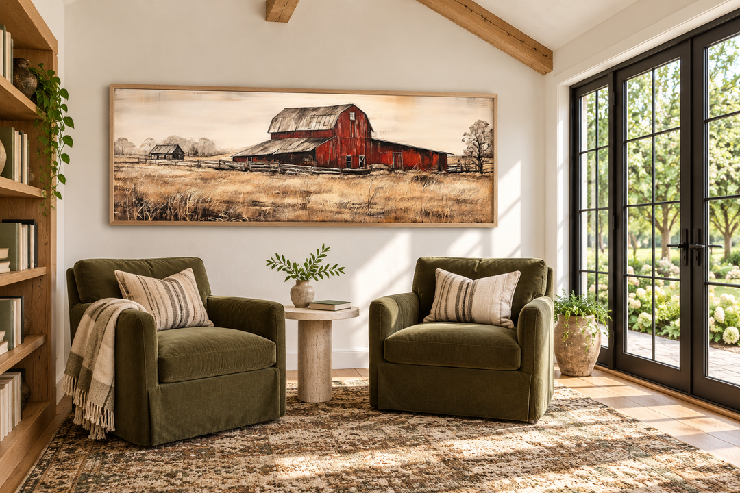 Old Red Barn rustic painting on horizontal framed canvas wall art in a modern farmhouse sunroom.
