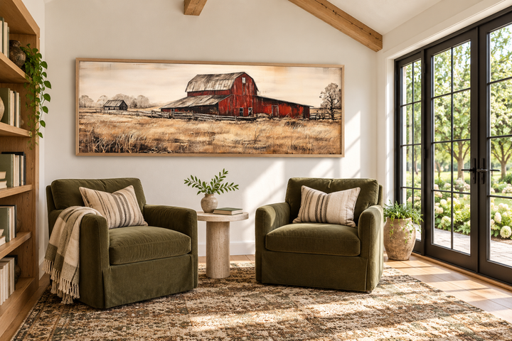 Old Red Barn rustic painting on horizontal framed canvas wall art in a modern farmhouse sunroom.