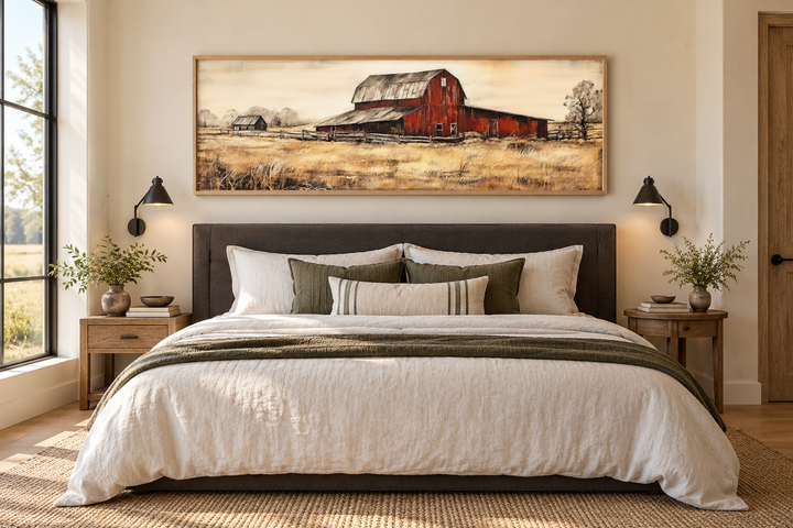 Horizontal framed canvas wall art of an old red barn in a rustic field above a bed.