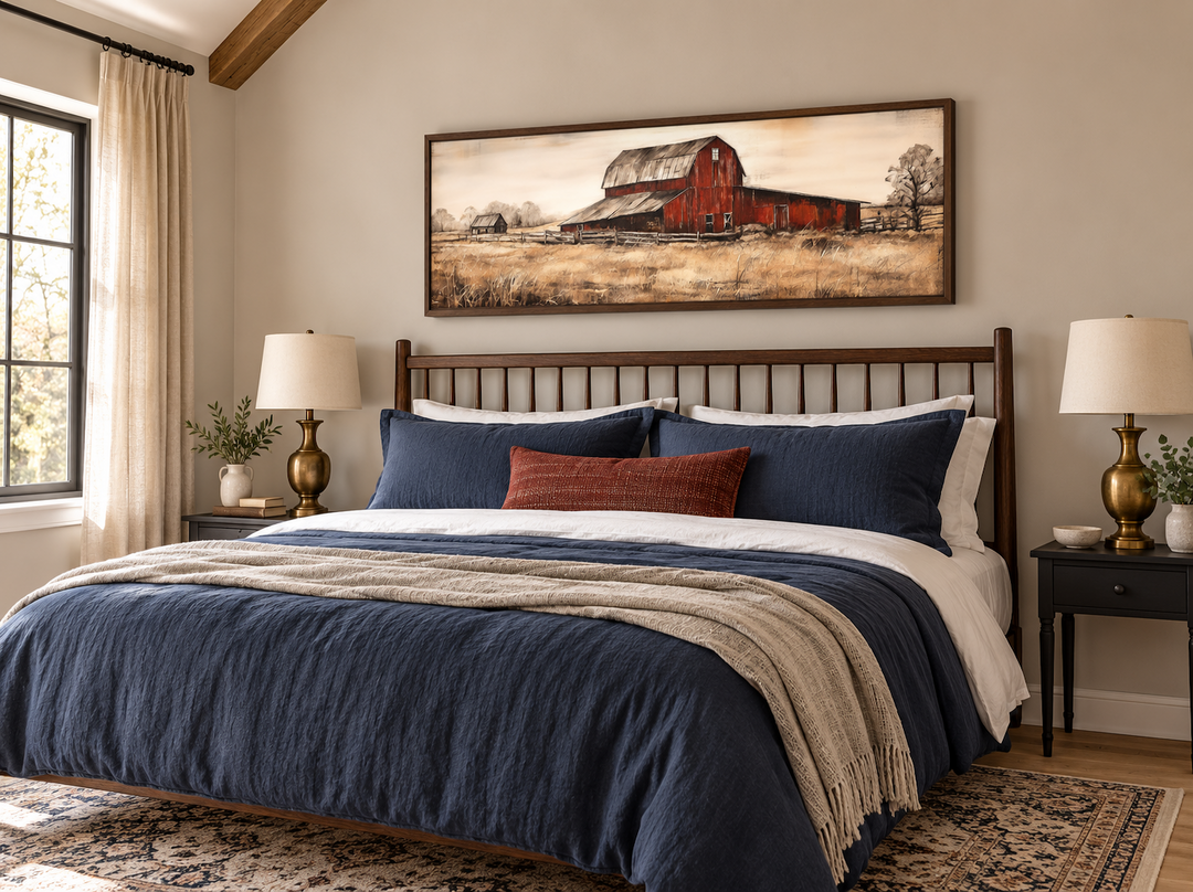 Old Red Barn rustic horizontal framed canvas wall art hanging above a bed in a farmhouse bedroom.