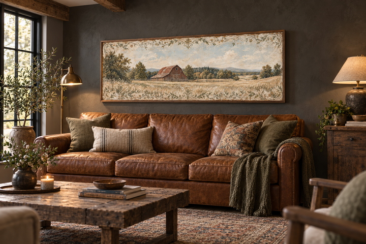 Rustic red barn and farm landscape long horizontal canvas wall art above a brown leather sofa.