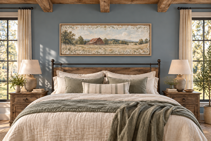 Rustic red barn and farm landscape long horizontal canvas wall art above a farmhouse bed.