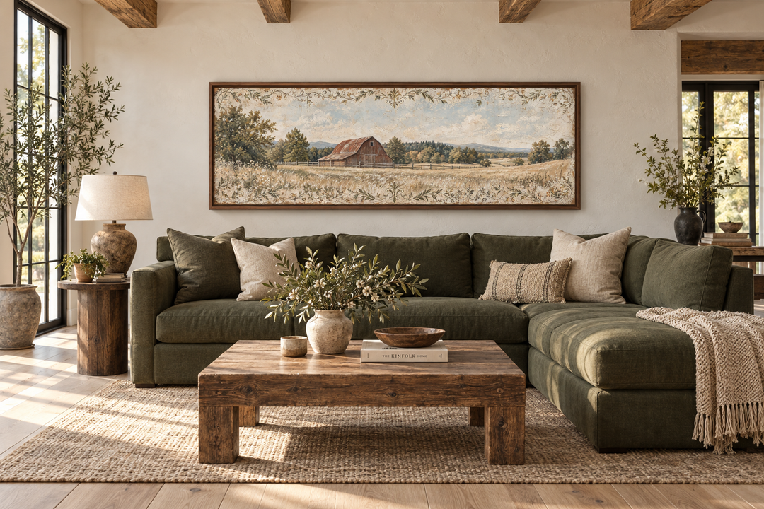 Rustic muted red barn and farm landscape long horizontal canvas wall art above a green sofa.