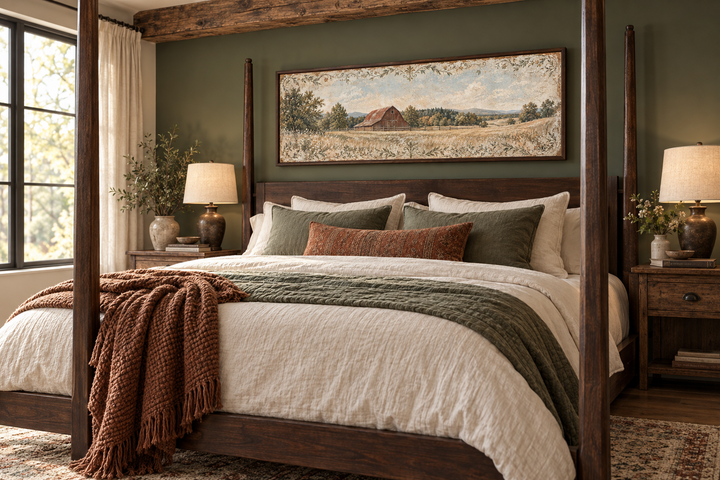 Rustic red barn and farm landscape long horizontal canvas wall art above a wooden bed frame.
