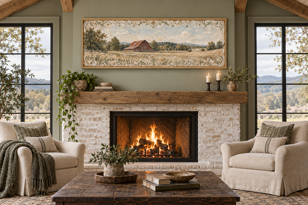 Rustic red barn and farm landscape long horizontal canvas wall art above a brick fireplace.