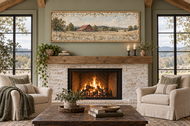 Rustic red barn and farm landscape long horizontal canvas wall art above a brick fireplace.