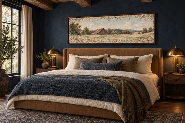 Rustic red barn and farm landscape long horizontal canvas wall art above a bed in a dark blue room.
