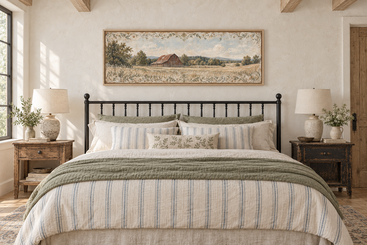 Rustic red barn and farm landscape long horizontal canvas wall art above a farmhouse bed.