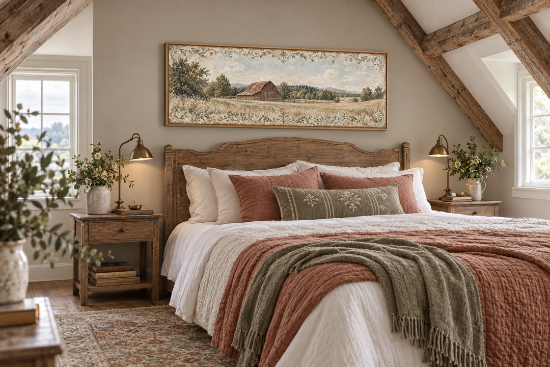 Rustic muted red barn and farm landscape long horizontal canvas wall art above a wooden bed frame.