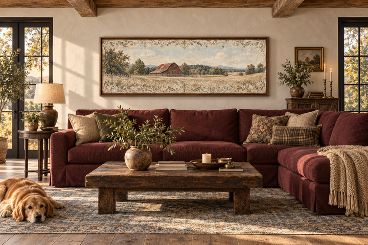 Rustic long horizontal canvas wall art featuring a muted red barn and farm landscape painting.