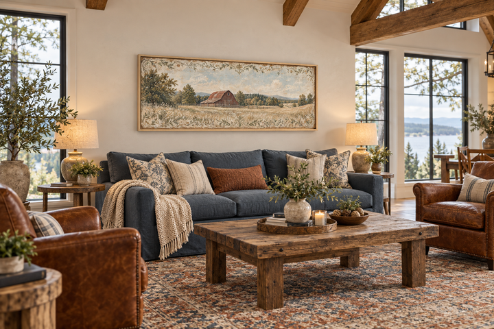 Rustic long horizontal canvas wall art featuring a muted red barn and farm landscape over a sofa.