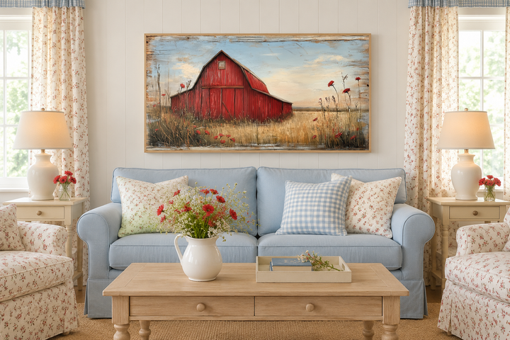Old red barn on weathered wood canvas wall art hanging above a blue sofa in a farmhouse living room.