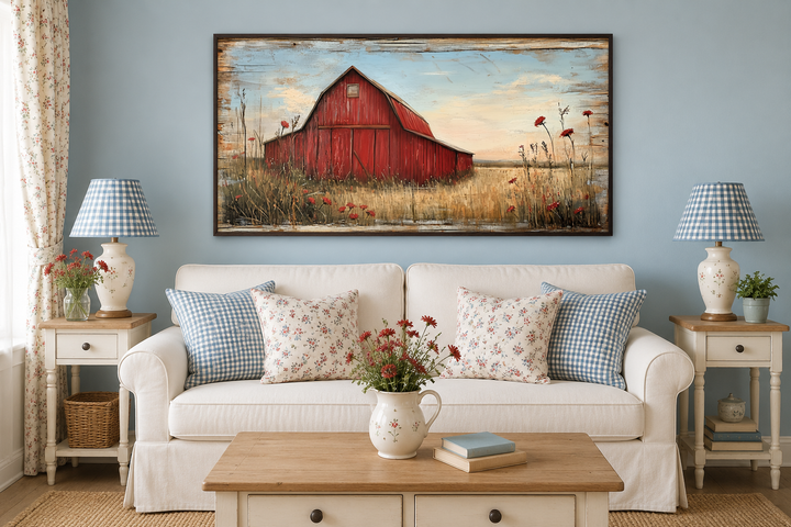 Old red barn on weathered wood canvas wall art hanging above a white sofa in a farmhouse living room.