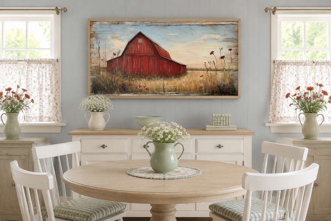 Old red barn on weathered wood canvas wall art in a rustic farmhouse dining room setting.