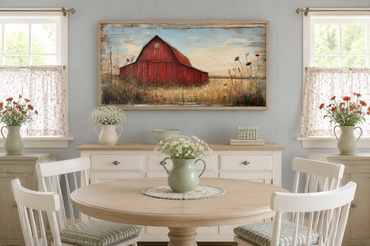 Old red barn on weathered wood canvas wall art in a rustic farmhouse dining room setting.