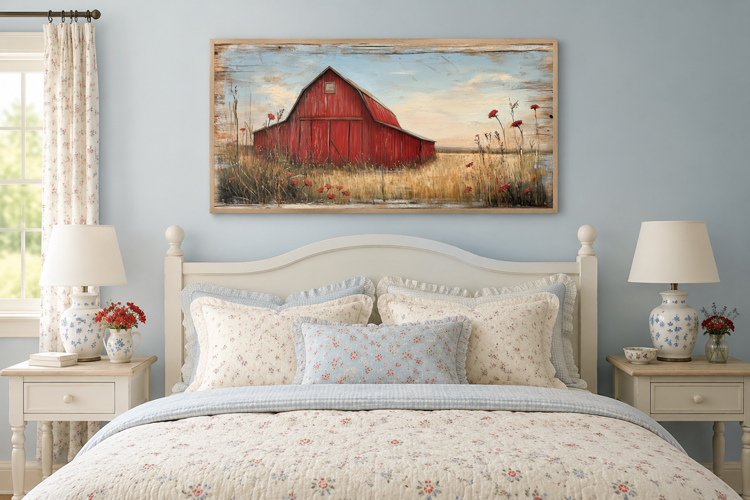 Old red barn on weathered wood canvas wall art hanging above a farmhouse-style bed.