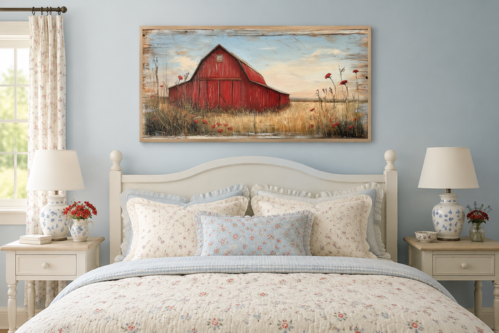 Old red barn on weathered wood canvas wall art hanging above a farmhouse-style bed.