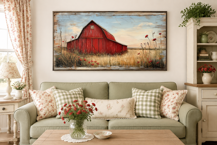 Old red barn on weathered wood canvas wall art hanging above a green sofa in a farmhouse living room.