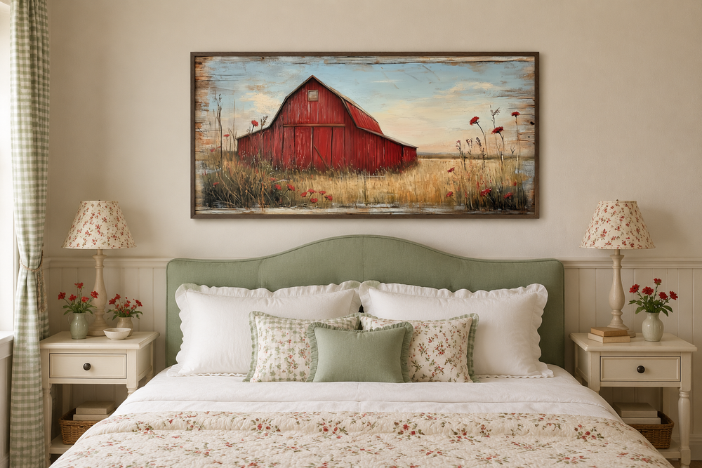 Framed canvas wall art of a red barn on weathered wood above a green headboard in a farmhouse room.