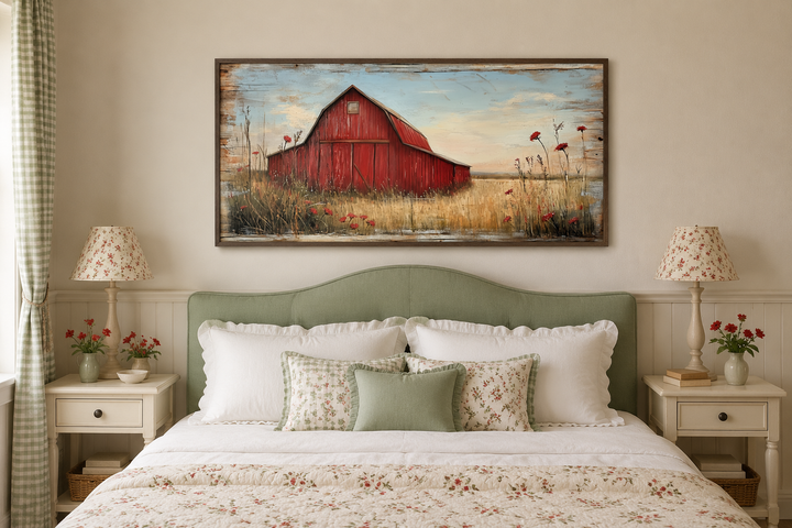 Framed canvas wall art of a red barn on weathered wood above a green headboard in a farmhouse room.
