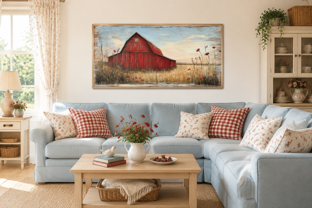 Old red barn on weathered wood canvas wall art hanging above a light blue sofa in a farmhouse room.
