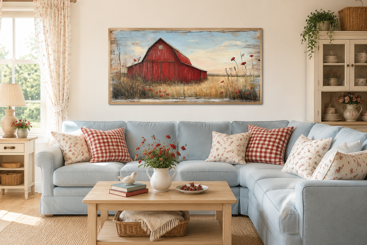 Old red barn on weathered wood canvas wall art hanging above a light blue sofa in a farmhouse room.