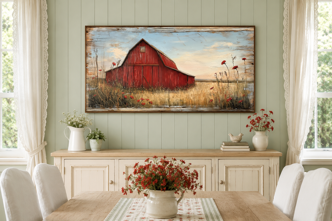 Old red barn on weathered wood canvas wall art hanging above a sideboard in a farmhouse dining room.