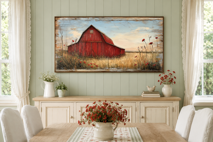 Old red barn on weathered wood canvas wall art hanging above a sideboard in a farmhouse dining room.