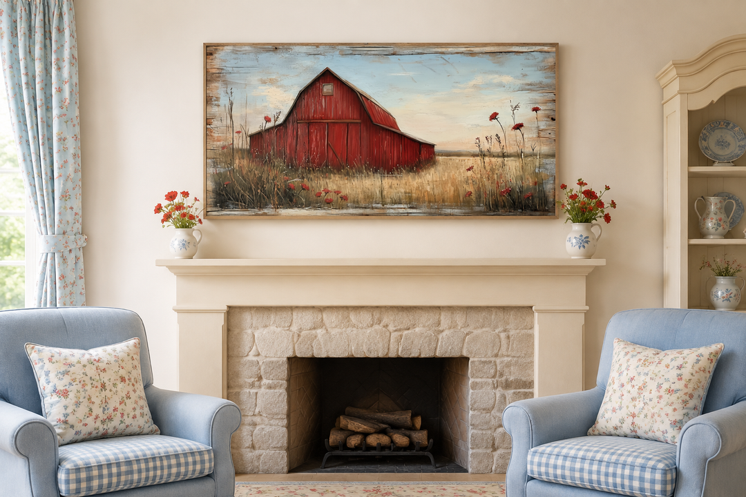 Old red barn on weathered wood canvas wall art hanging above a stone fireplace in a farmhouse room.