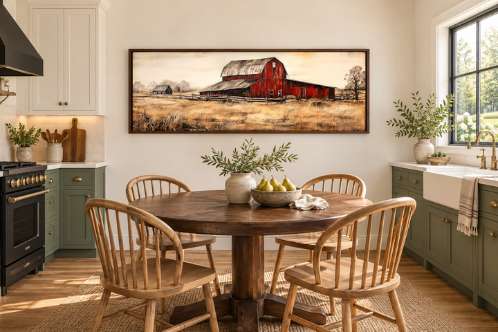 Old Red Barn rustic horizontal framed canvas wall art hanging in a farmhouse kitchen.