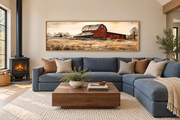 Old Red Barn rustic horizontal framed canvas wall art above a blue sectional sofa in a living room.