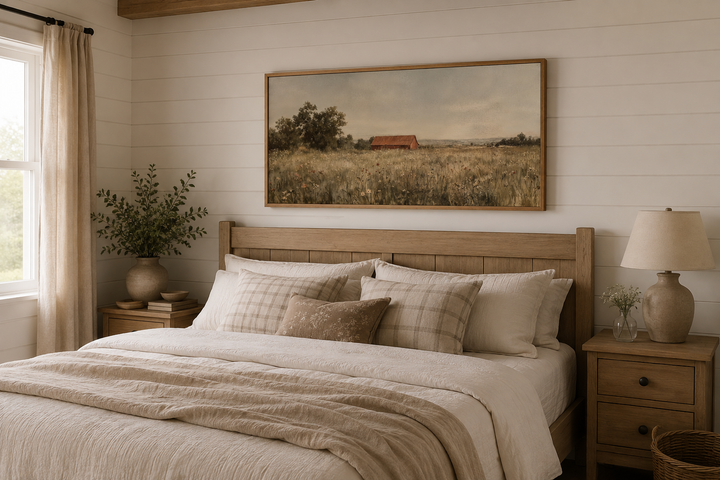 Red barn in wildflower field neutral country farmhouse wall art above a bed in a rustic bedroom.