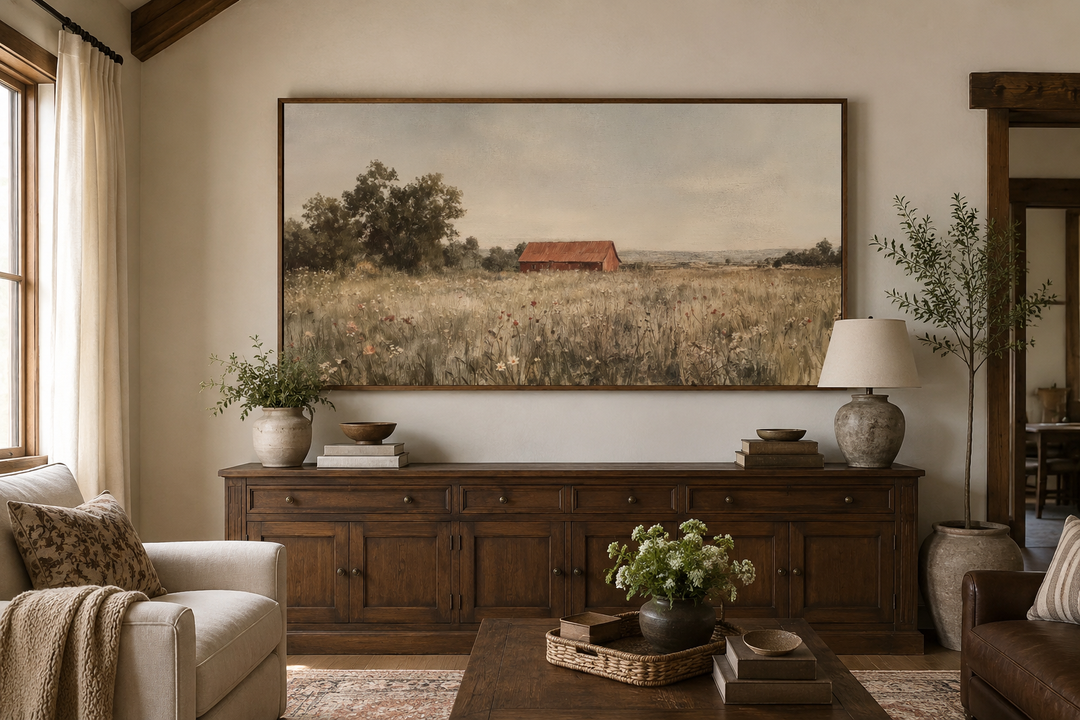 Red barn in a wildflower field landscape painting in a rustic farmhouse living room.