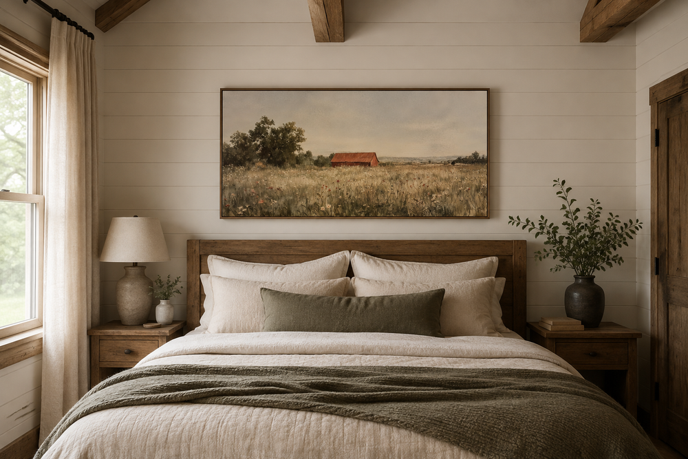 Red barn in wildflower field landscape wall art above a bed in a neutral farmhouse bedroom.