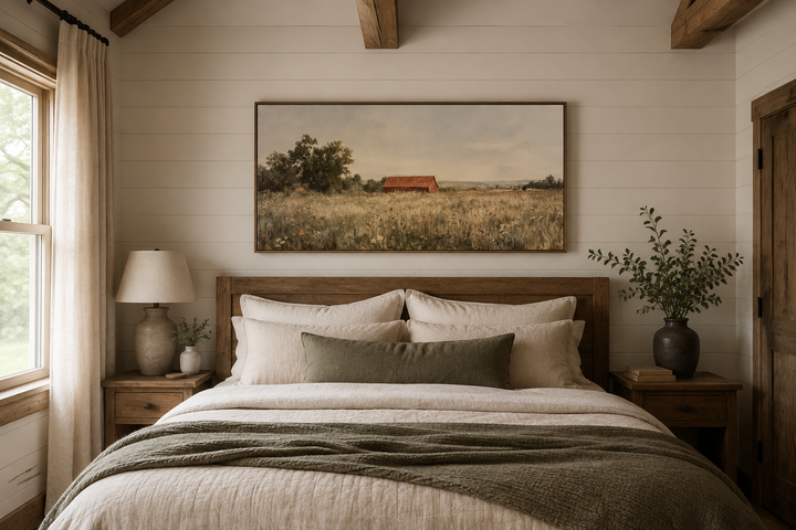 Red barn in wildflower field landscape wall art above a bed in a neutral farmhouse bedroom.