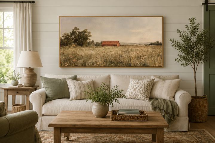 Red barn in a wildflower field canvas wall art above a neutral sofa in a farmhouse living room.