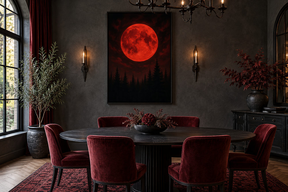 Red Bloody Moon Gothic Canvas Wall Art in a black frame above a dark dining table with red chairs.