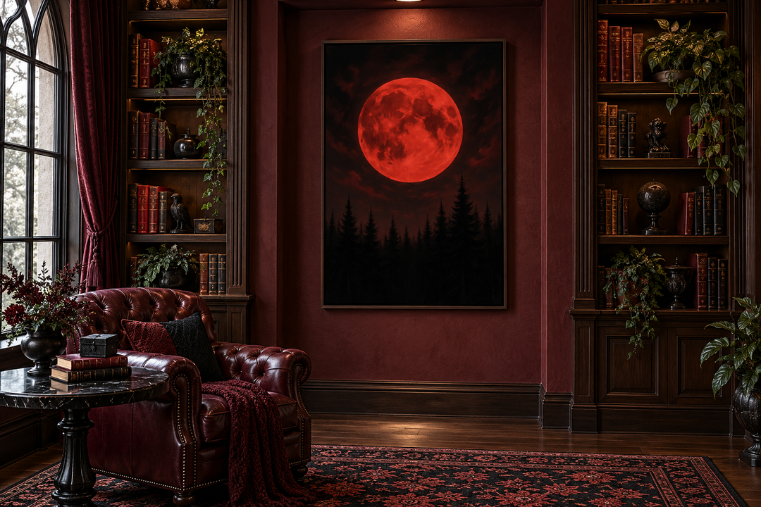 Red Bloody Moon Gothic Canvas Wall Art featuring a crimson moon over a dark pine forest silhouette.
