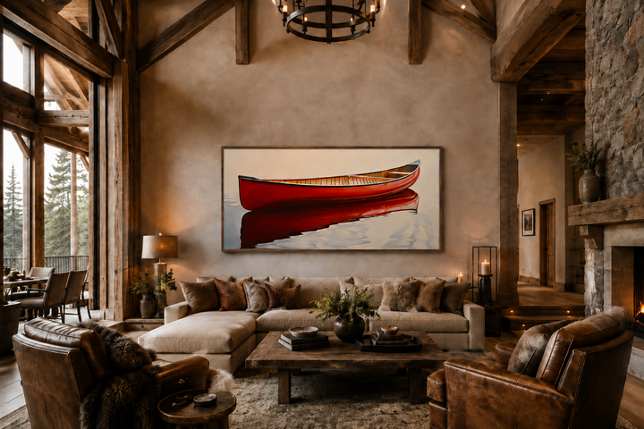 Framed canvas print of a red canoe on water hanging in a rustic living room with wood beams.