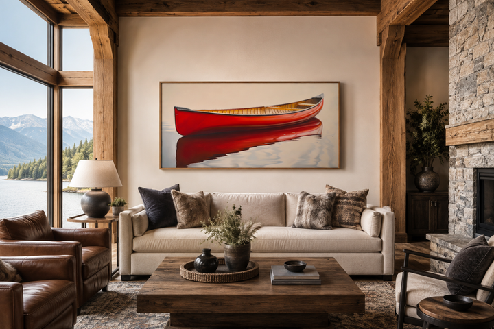 Framed canvas print of a rustic red canoe on water, hanging above a sofa in a cabin living room.