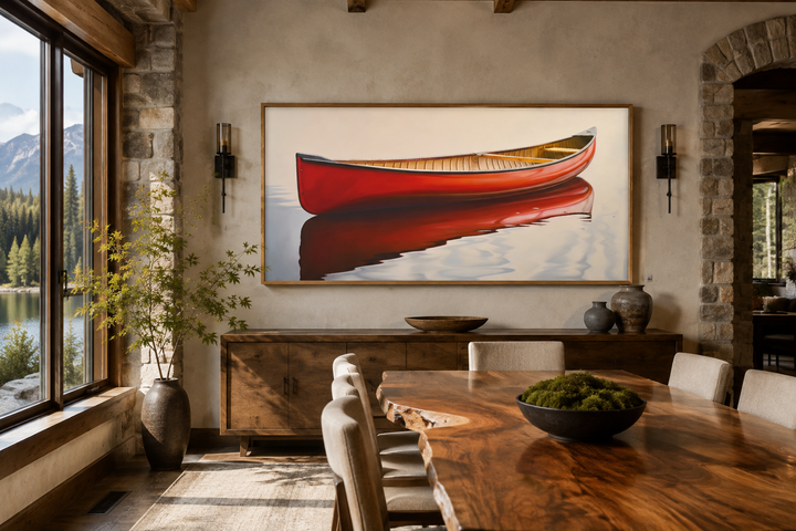 Framed canvas wall art of a red canoe on calm water, hanging in a rustic dining room.
