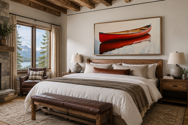 Framed canvas print of a red canoe on water hanging above a bed in a rustic cabin bedroom.