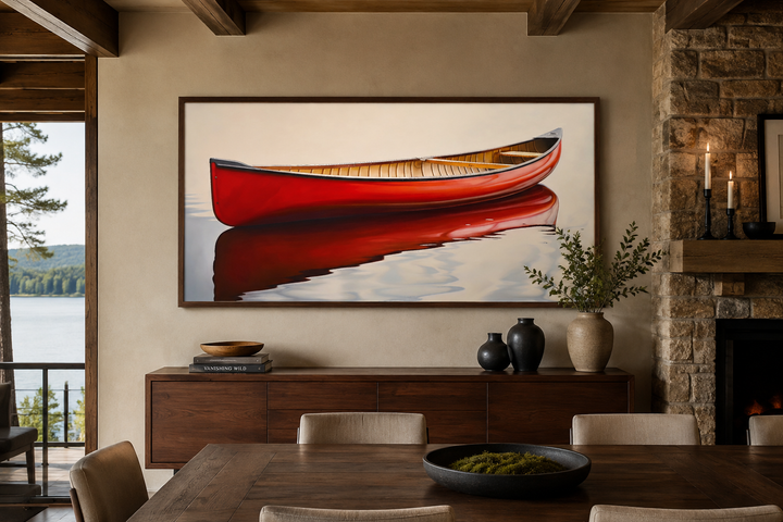 Framed canvas wall art of a red canoe reflected in water, displayed in a rustic cabin dining room.